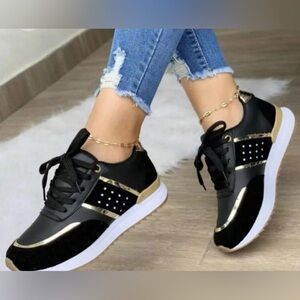 Brand New Women’s Thick Sole Lace-Up Casual Sneakers – Black, US Size 10 / EU 41
